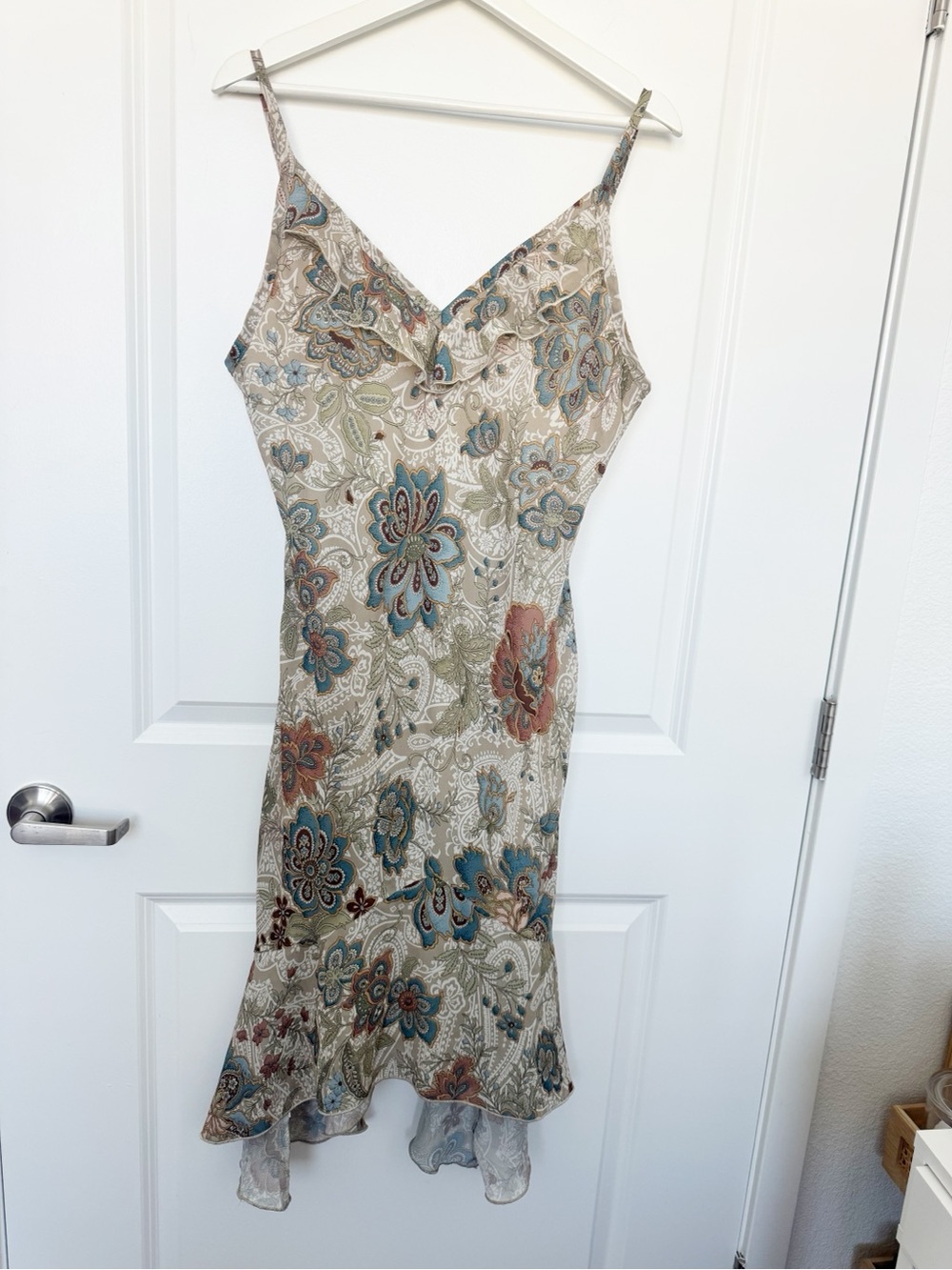 Vintage Younique Floral Slip Dress with Ruffle V-Neck asymmetrical hem LARGE